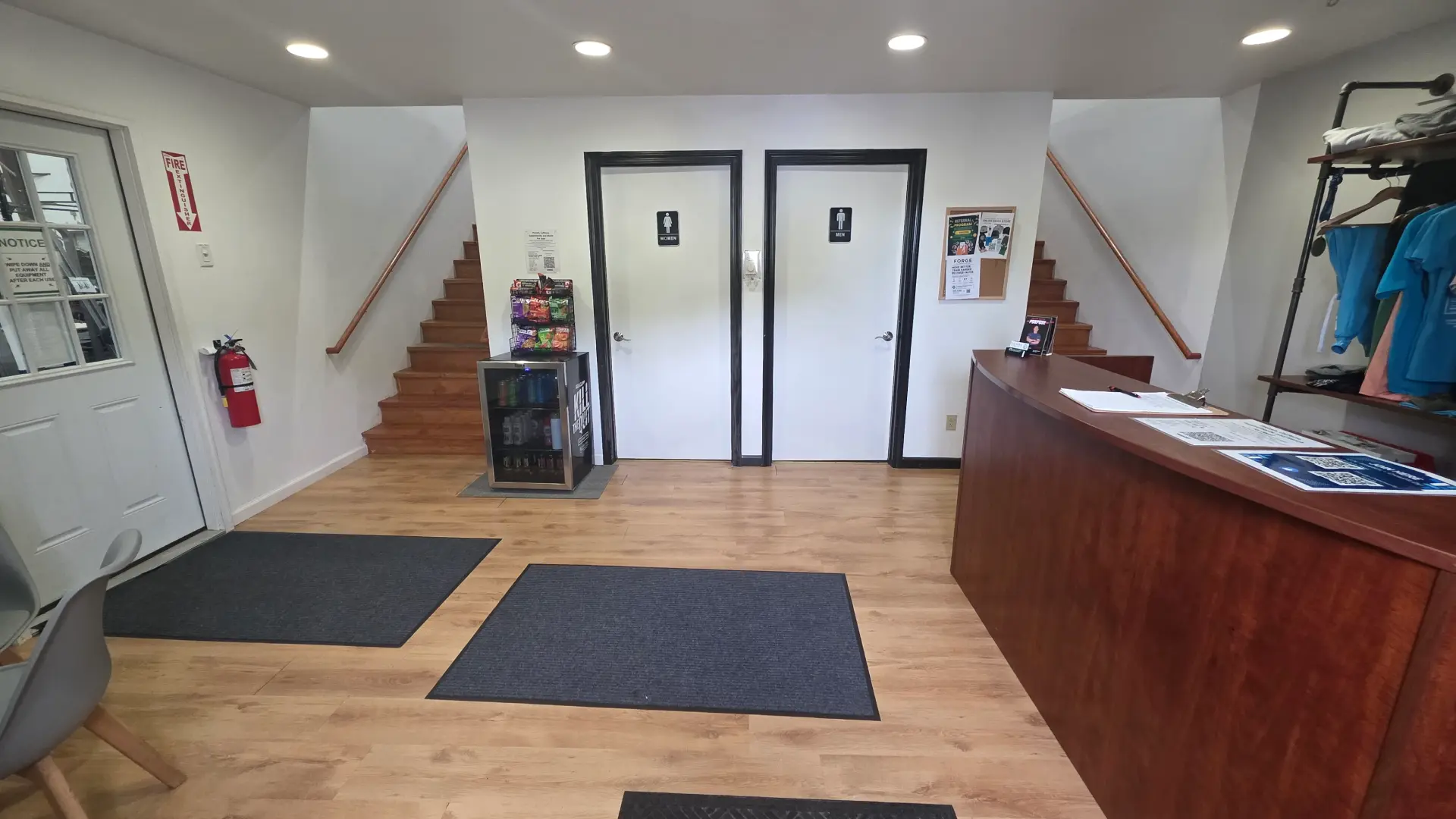 Front entrance lobby and reception desk where members sign up for 24/7 access at O.N. Athletics in Groton, CT
