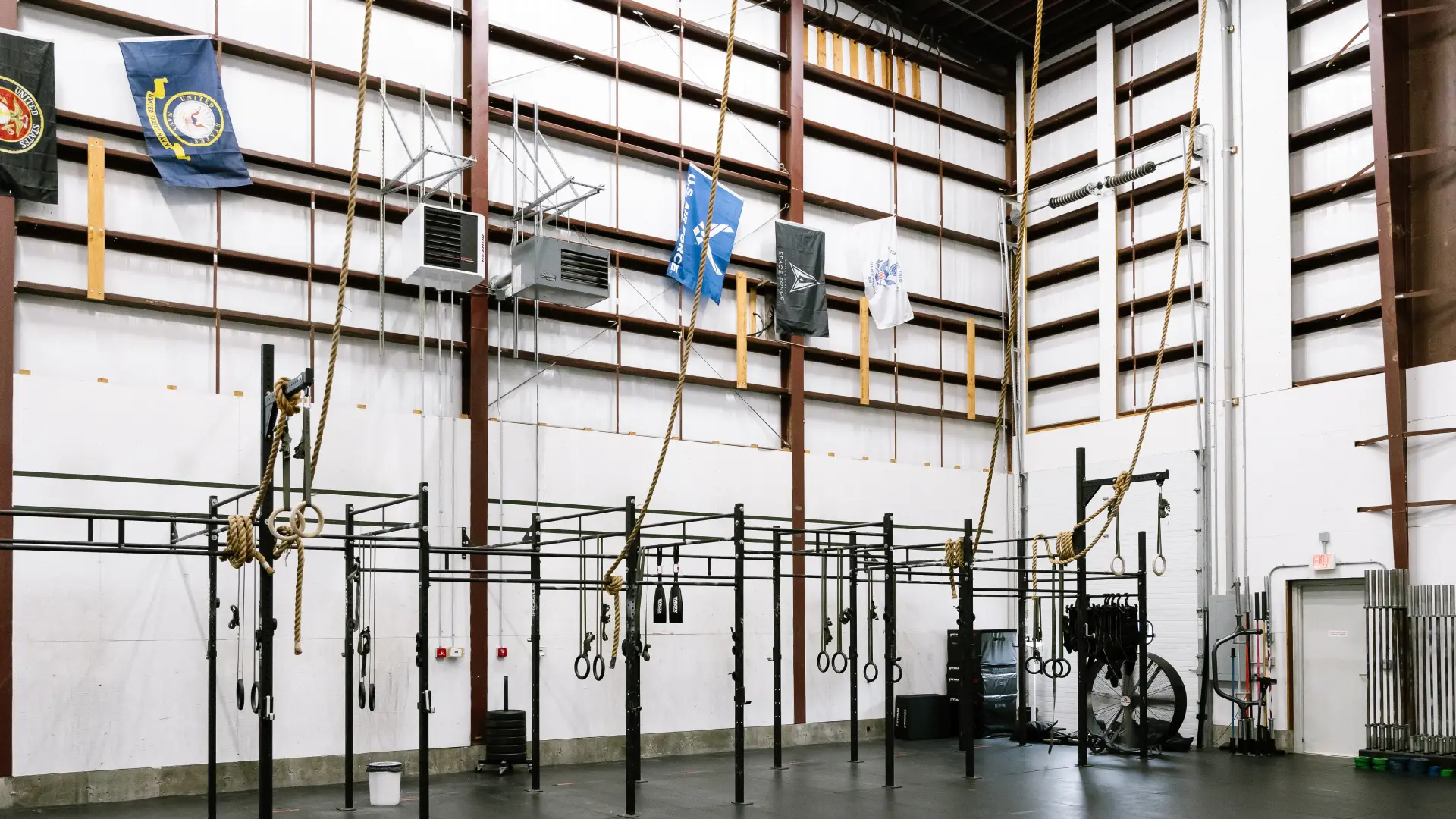 Climbing ropes, rings and rig in the open training area at O.N. Athletics in Groton, CT