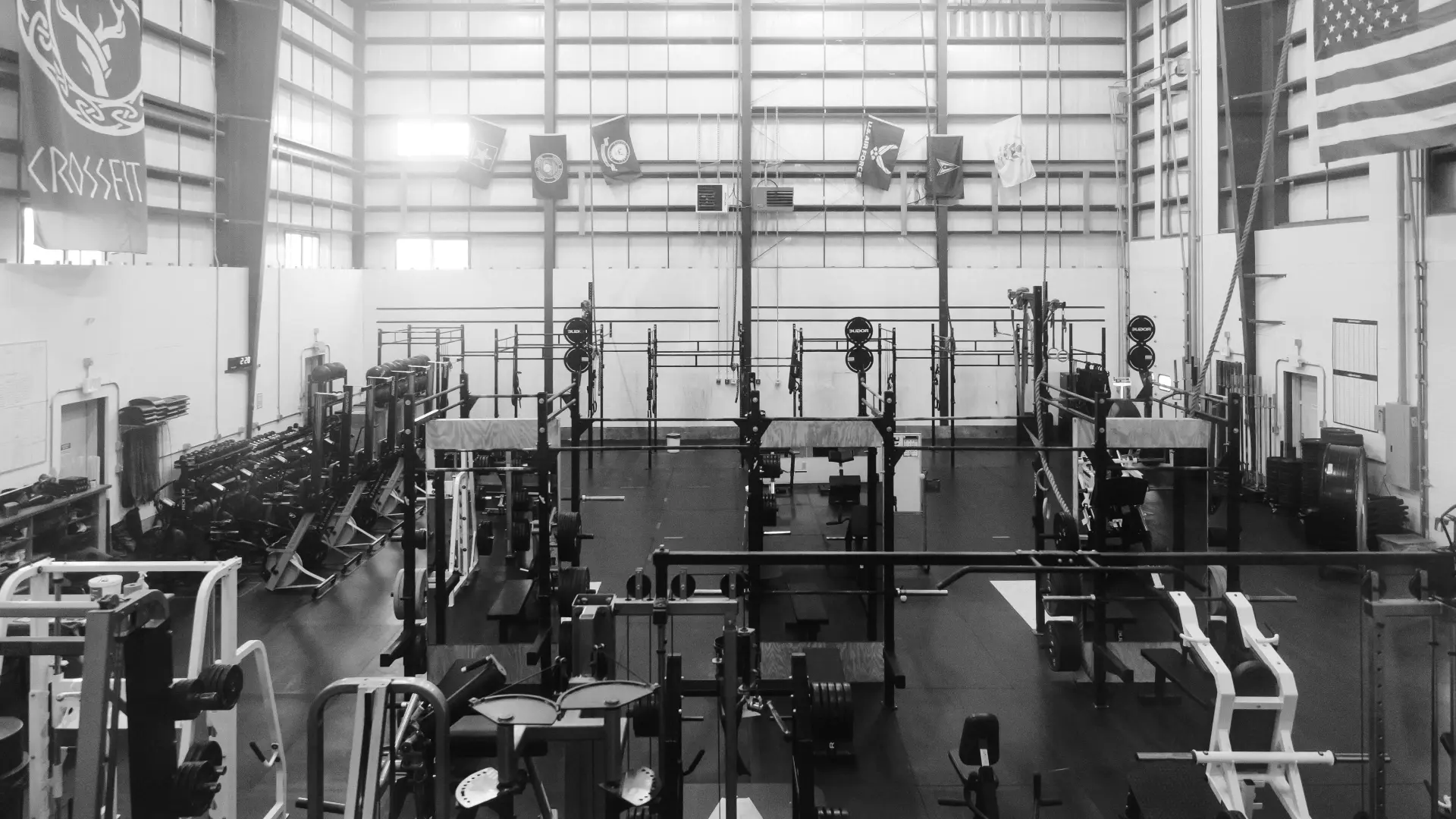 Wide view of racks, platforms and machines across the training floor at O.N. Athletics in Groton, CT