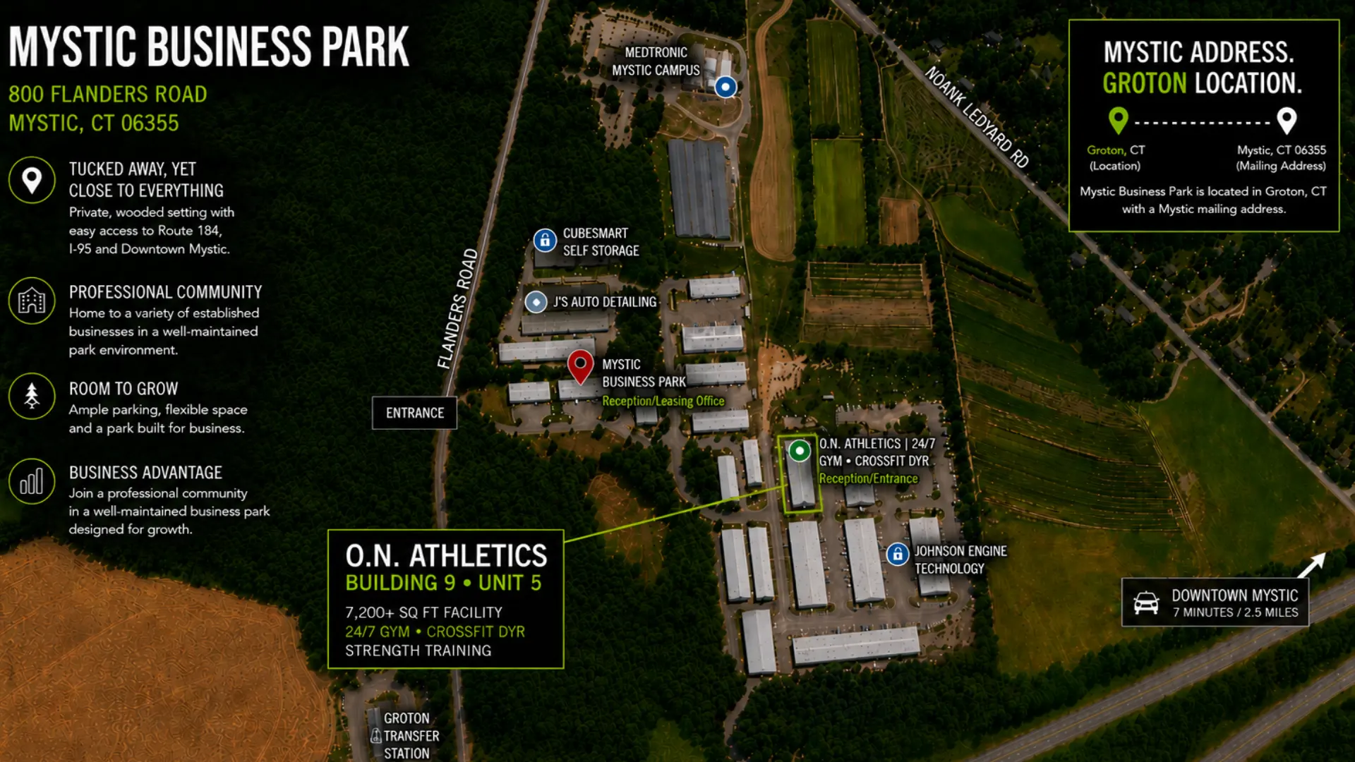 Map of Mystic Business Park showing O.N. Athletics at 800 Flanders Road, Building 9 Unit 5, Mystic CT 06355